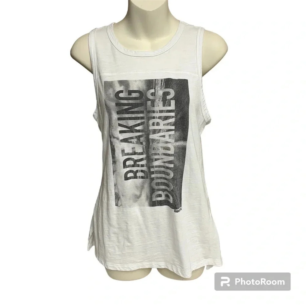 Reebok size small “breaking boundaries” tank top white/gray